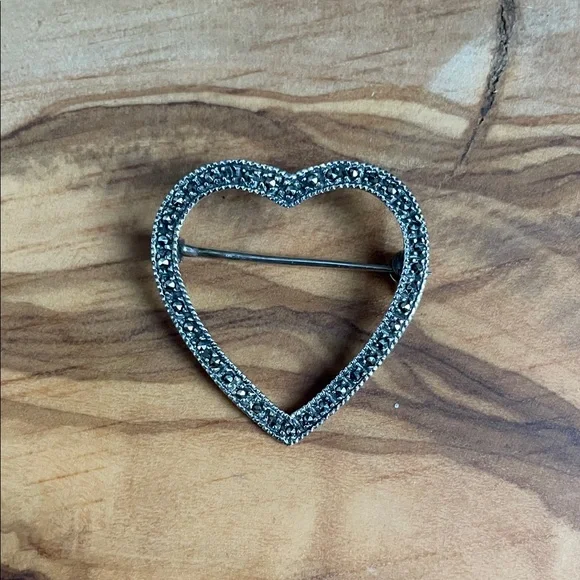 Vintage Sterling Silver Marcasite Open Heart Brooch Pin