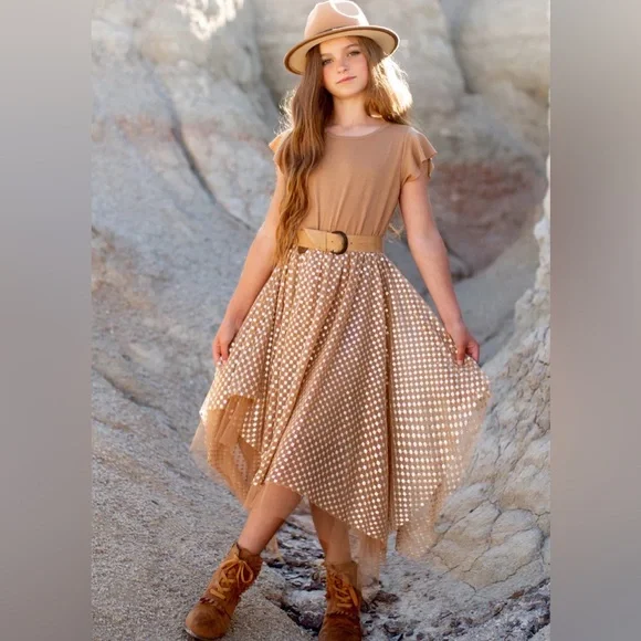 Joyfolie Girls Tina Dress Light Tan‎ Sparkle Boho Western Flowing Dress NWT, 10