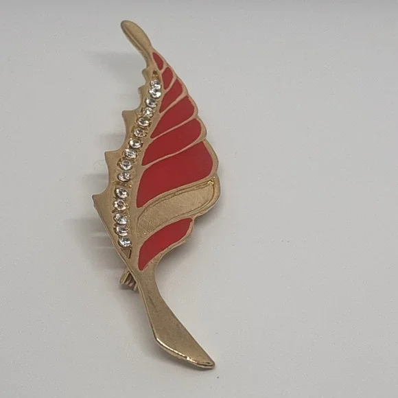 Gold Tone Red Enamel Crystal Leaf Brooch Pin Fashion Jewelry‎