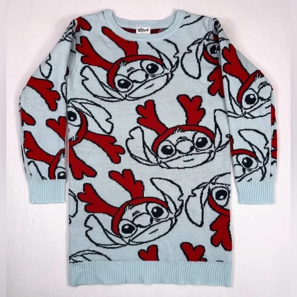 DISNEY LILO & Stitch Girls’ Stitch Printed‎ Knit Sweater Dress Christmas 6/6X