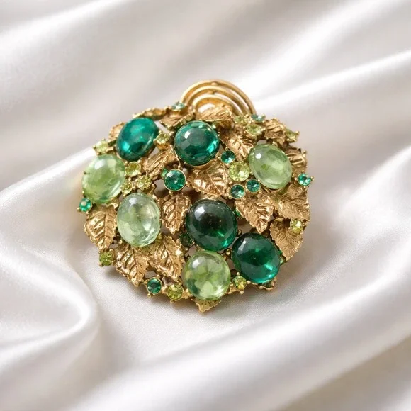 Vtg Arthur Pepper Brooch Pin Greens Cabochon Rhinestone Gold Leaves Gripoix RARE