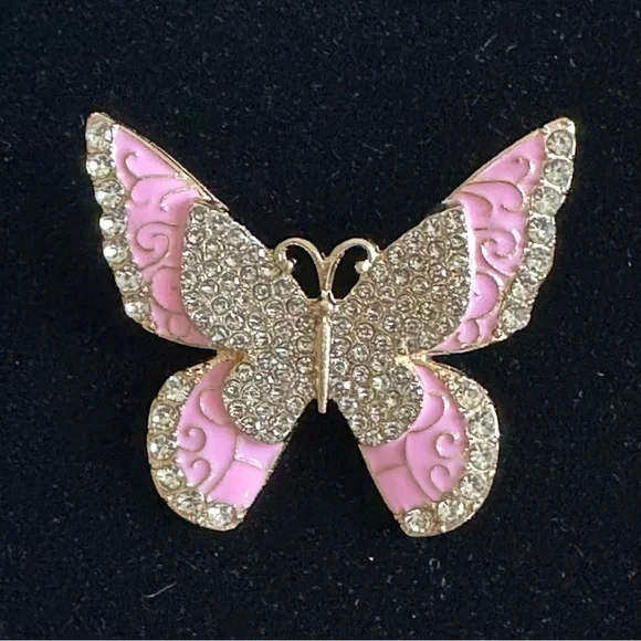 Vintage Style Pink Enamel & Rhinestone Butterfly Brooch | Gold Tone Pin | NEW