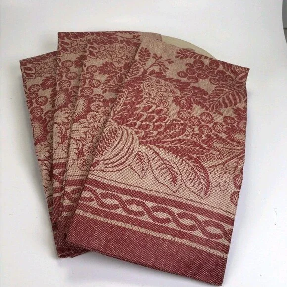 Williams Sonoma Set (4) Cornucopia Jacquard Cranberry Napkins Cotton/Linen
