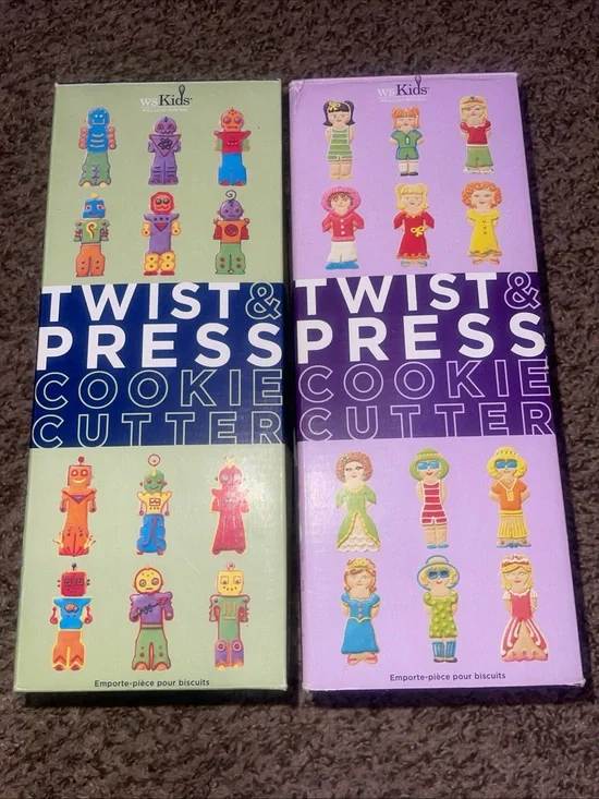 Williams Sonoma Twist & Press Cookie Cutter Sets - Green & Purple Boxes