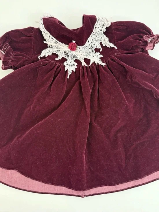 Vintage Memories By Jo Lene Baby Dress, Burgundy Velvet, Lace Collar 18 Months