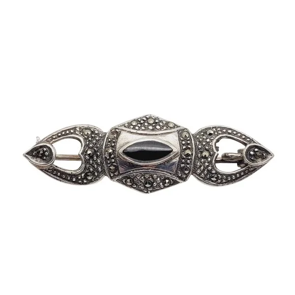 Sterling Silver Brooch Black Marcasite Bar Pin Art Deco Heart Vintage Openwork