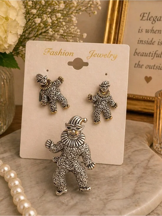 Vintage-Inspired Harlequin Clown Brooch & Earring Set - Silver & Gold Tones