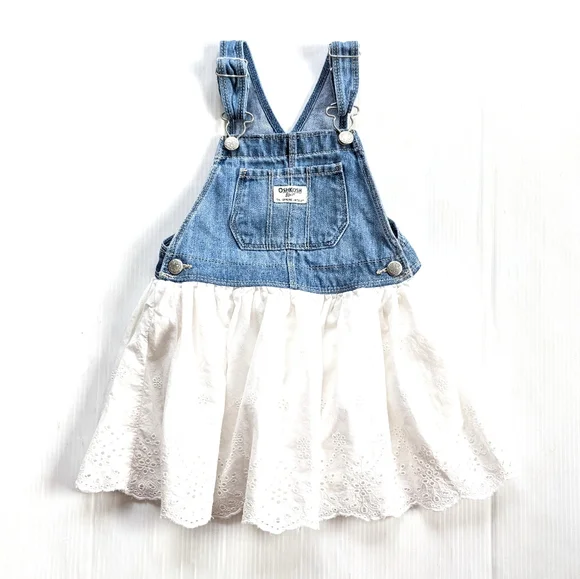 OSH-KOSH B'GOSH girls white eyelet blue denim bib overall skirtall jumper 4t