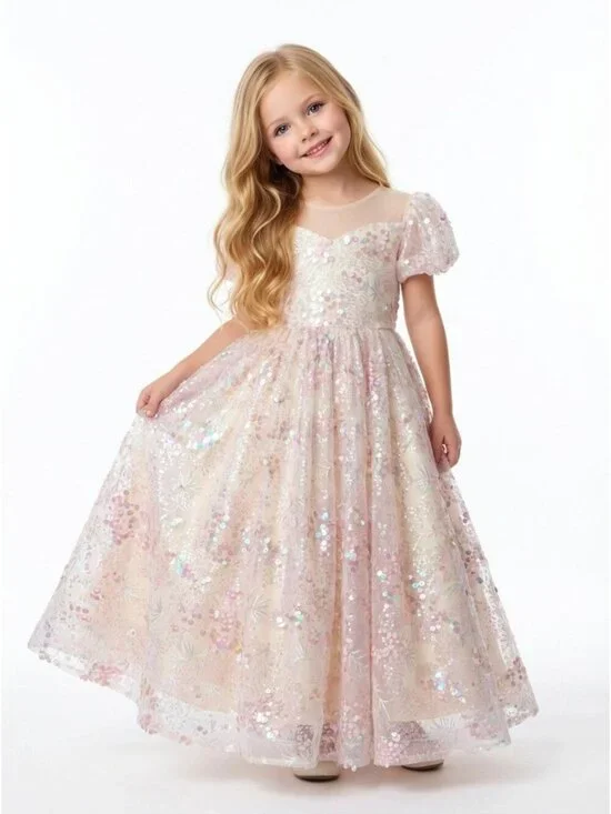 Girls Blush Pink Sequin Princess Dress Party Gown