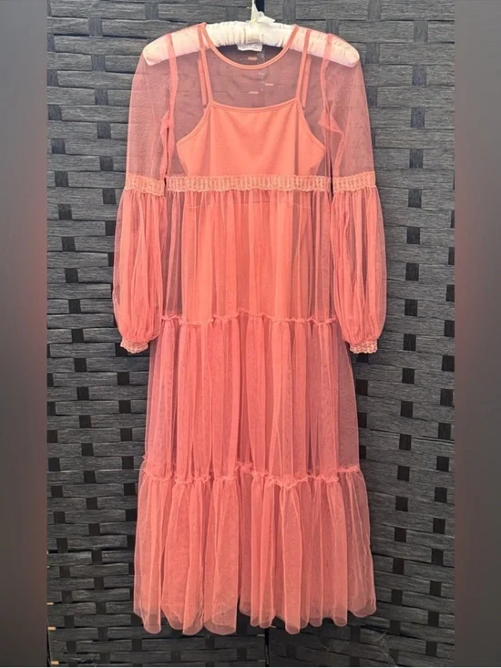 Joyfolie Coral Pink Tulle Layered Girls Dress