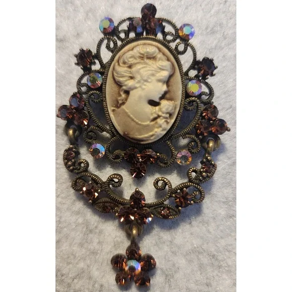 VTG Cameo Brooch Pendant Bronze Tone Amber Rhinestone AB Crystal 2.75