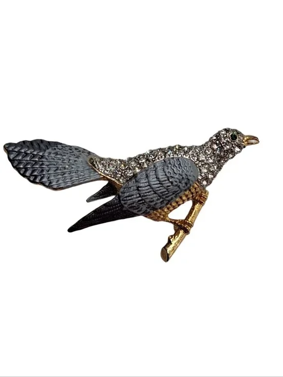 Vintage Large Bird on Branch Brooch Rhinestone Grey Enamel Pin
