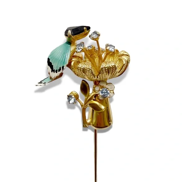 Vintage Enamel Rhinestone Blue Bird Flower Mushroom Goldtone Stick Pin