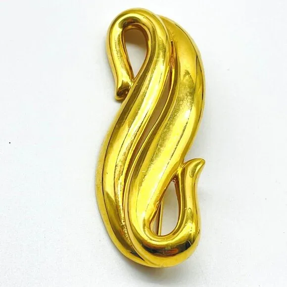 Signed MONET Brooch Gold Tone Abstract Swirl Vintage Designer Costume Jewelry