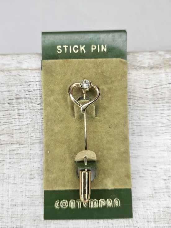Vintage Gold Tone Heart And Clear Rhinestone Stick Pin 1980s Contempra