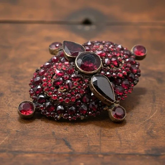 Vtg Bohemian Czech Garnet Brooch Deep Red Victorian Style Floral Cluster 2.5