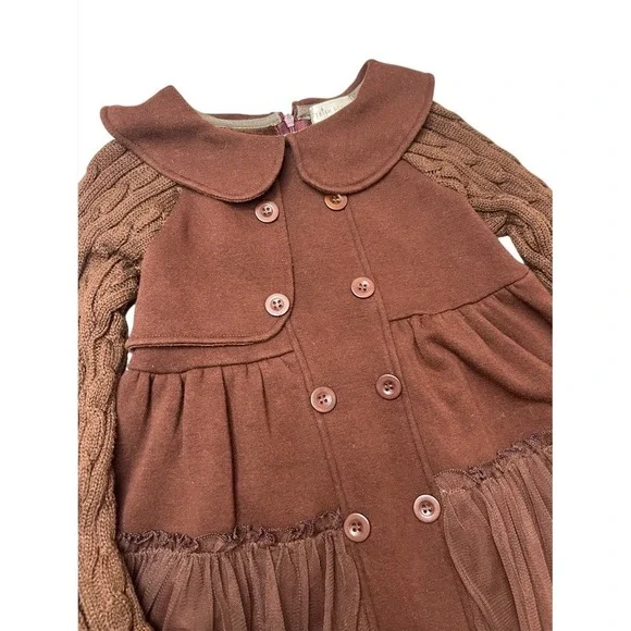 Trish Scully Girls Brown Sweater Coat Dress Size 3 Fleece Lined Tulle Trim‎ Cozy