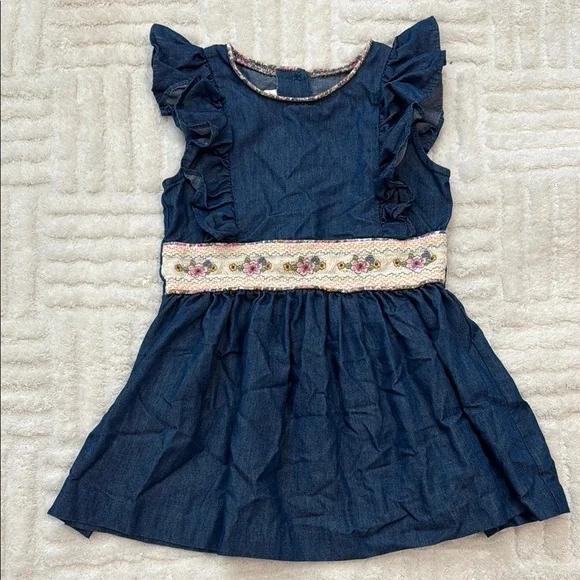 Bonnie Jean Chambray Smocked Waist Ruffle Flower Embroidered Dress