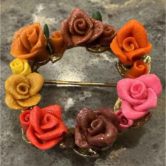 Vintage Floral Wreath Brooch Gold Tone Multi Color Resin Rose Pin