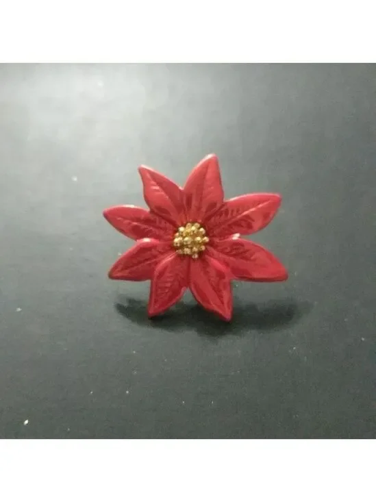 Vintage Gold Tone Red Poinsettia Flower Christmas Holiday Pin Brooch