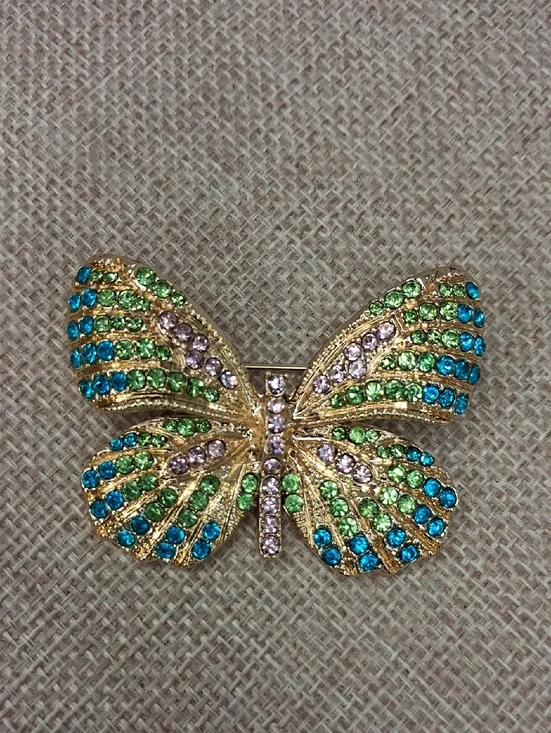 Gold Tone Butterfly Rhinestone Brooch Multicolor Crystal Statement Pin One Size