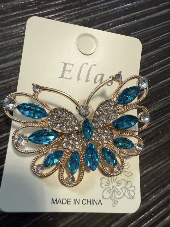 Ellas Gold-Tone Butterfly Brooch with Teal Blue Crystals