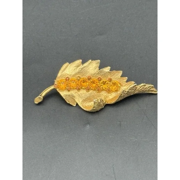Leaf Aurora Rhinestones Vintage Gold Brooch Pin‎