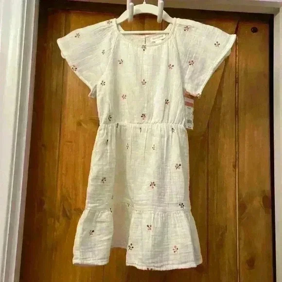 Cat and Jack Girls Off White Short Sleeve Knee Length Dress Size XS (4/5) NWT