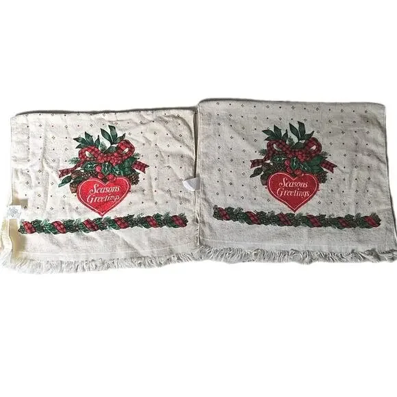 Set 2 VTG MCM Royal Terry Season Greetings Christmas Cotton Fringe Hand Towels‎