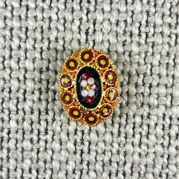 Vintage 1950s Italian Micro Mosaic Brooch Red Yellow Millefiori Floral Pin