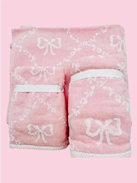 🆕- Laura Ashley Viral Coquette Bow Plush Bath, Hand & Fingertip Towel Set. NWT