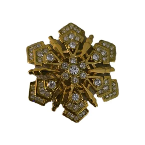 Vintage MONET Snowflake Rhinestone Brooch Pin Gold Tone Signed 2 3/4 Inches