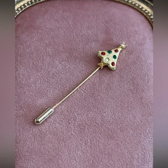 Christmas Tree Rhinestone Stick Lapel Pin Gold Tone Holiday Jewelry‎