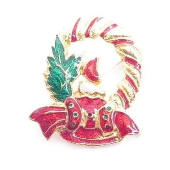 Christmas Wreath‎ Enamel & Gold Brooch
