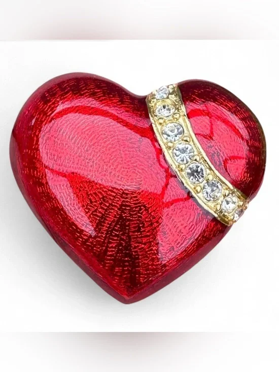 Vintage 1980s Red Enamel Puffy Heart Rhinestone Brooch Pin Domed Romantic Glam