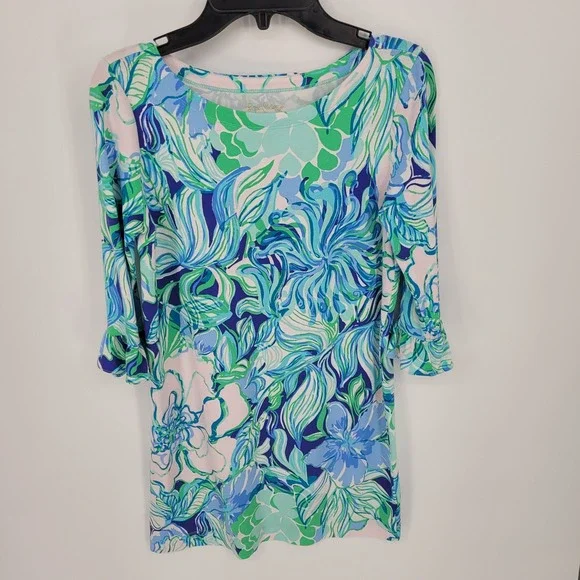 Lilly Pulitzer Shift Dress Kids XL 12-14 Floral Blue Green Ruffle Sleeve preppy