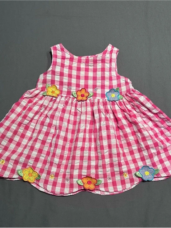 Youngland Pink & White Gingham Sleeveless Dress with Flower Details