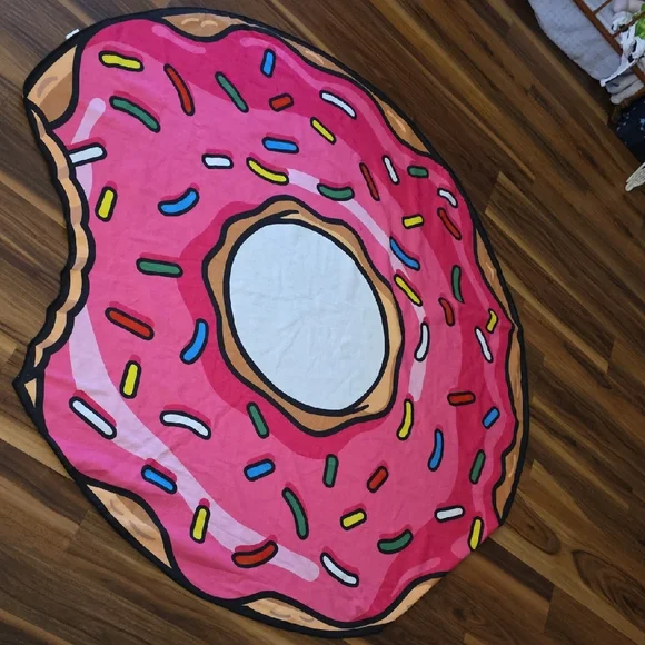 Pink Frosted Rainbow Sprinkle Donut Bath Beach Pool Towel Blanket Bite Taken Out