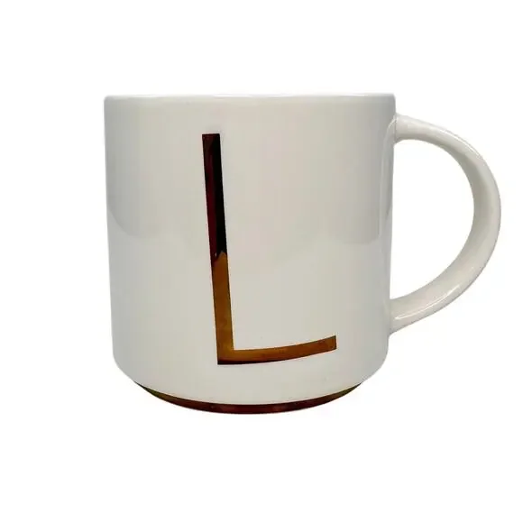 Williams Sonoma L Monogram Gold White Coffee Mug Impressed Ceramic Drinkware Cup