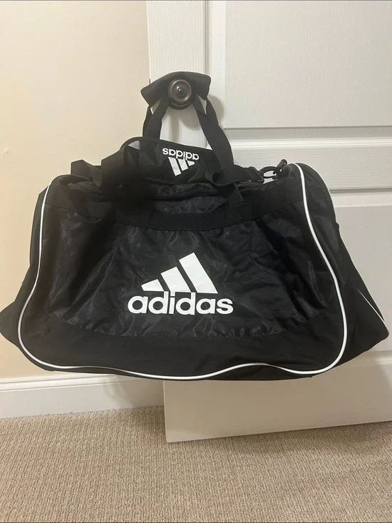 adidas Black Duffel Bag with White Logo and Piping
