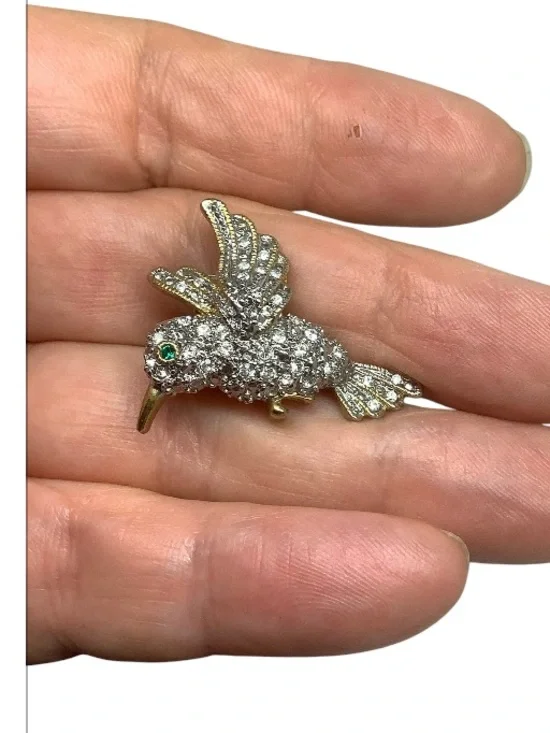 Gold tone Cubic Zirconia Hummingbird Brooch with Emerald Eye