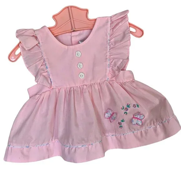 Vintage Pastel Butterfly Embroidered Flutter Sleeve Pinafore 6-9 Months