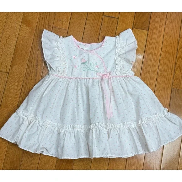 Vintage Toddler Girls White Pink Floral Embroidered Ruffle Dress Size 4T‎