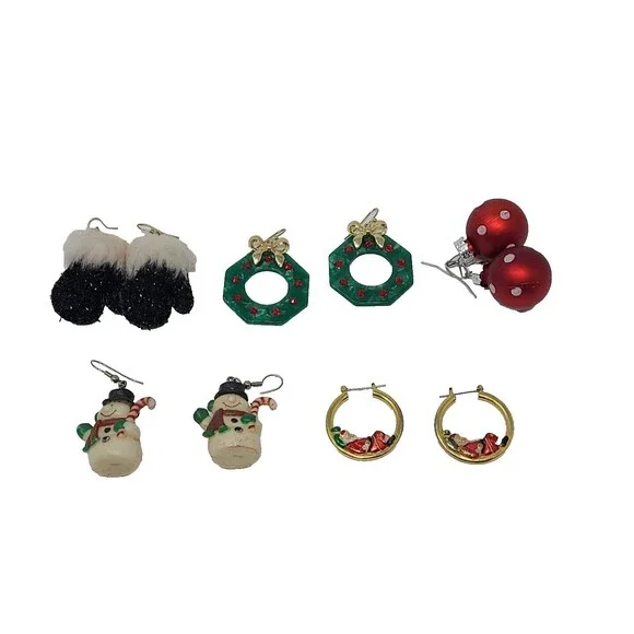 Lot of 5 Pairs of Christmas Holiday Earrings Hoops Wreaths Snowman Gloves Etc