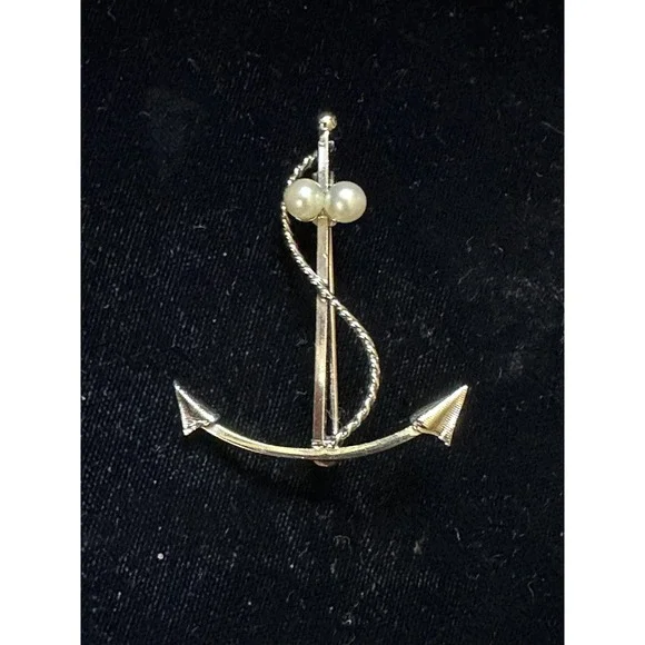 Vintage Sterling Silver & Cultured Pearl Anchor Pin signed DEC