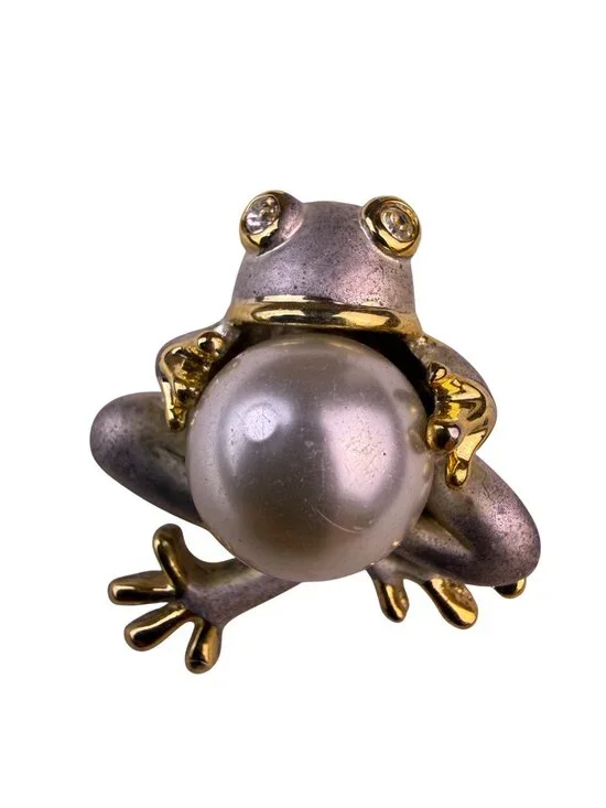 Vintage Womens Gold Tone & Silver Tone Frog Pearl Rhinestone Brooch