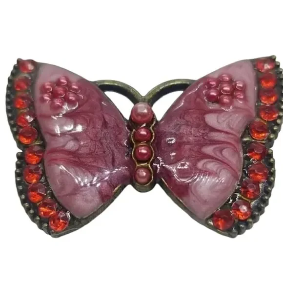 Vintage Butterfly Pink Swirl Pearl red Crystal Pin