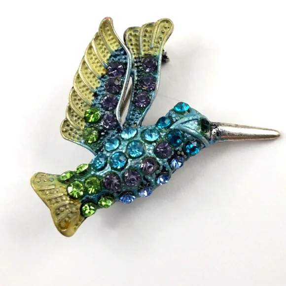 Vintage Hummingbird Brooch Pin rhinestones in purple blue teal lime green