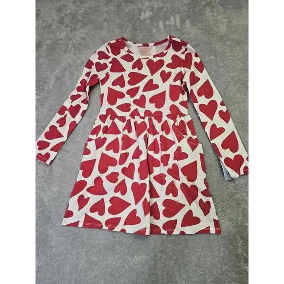 New Cat & Jack Girls Long Sleeve Dress With Pockets Cream Heart Pattern Size M 8