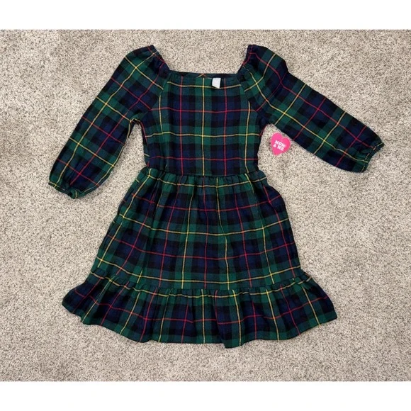 The Children's Place Girls Green Plaid Tartan Ruffle‎ Hem Holiday Dress Size 5/6